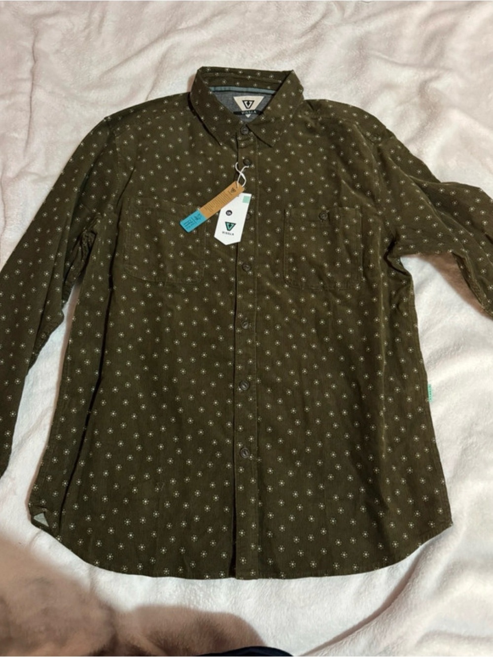 VISSLA Olive Green Button-Down Shirt with Micro Star Print